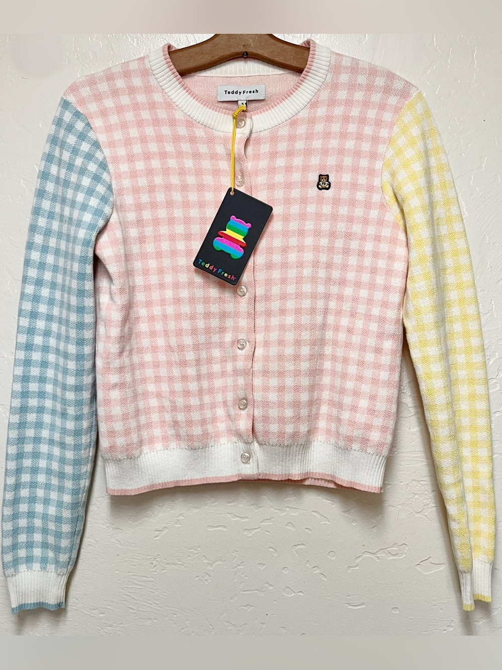 Teddy Fresh Women’s Size S Pastel Colorblock Gingham Cardigan Pink Blue & Yellow